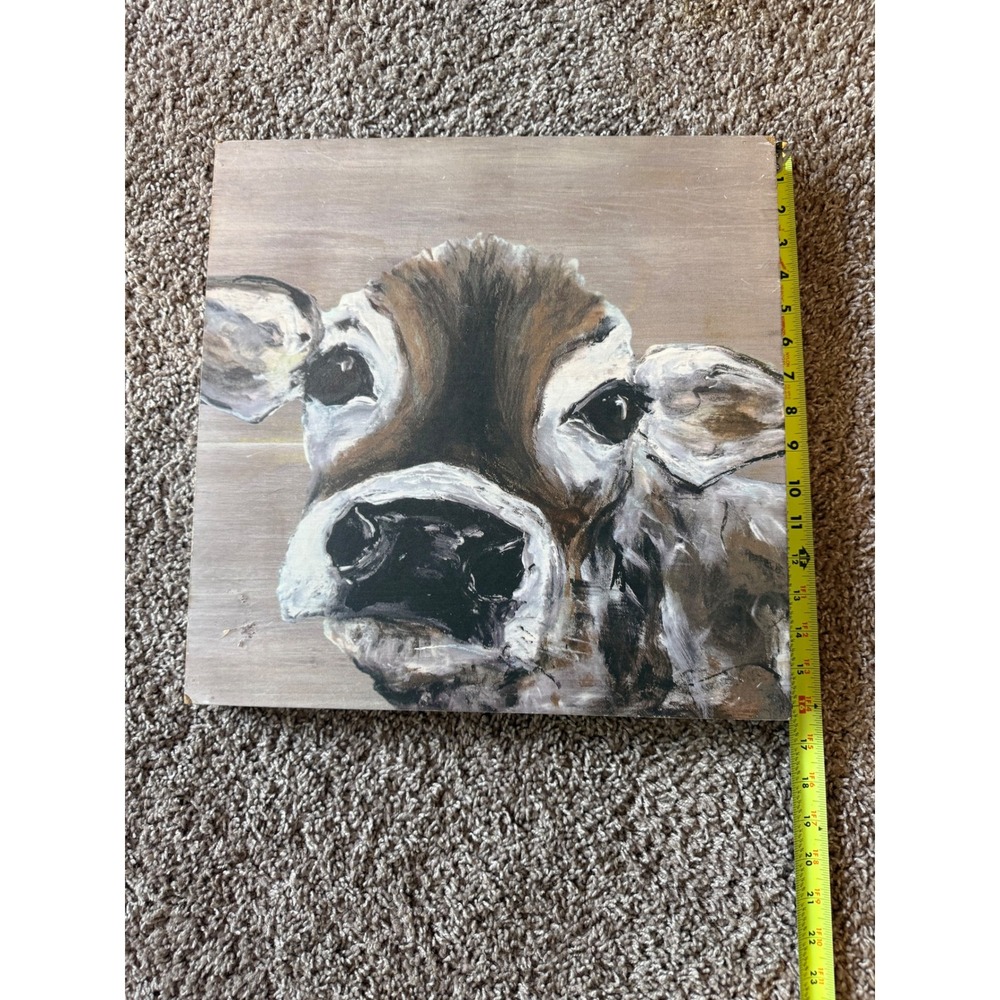 Cow Wall Art Wood Block 16x16 Brown Rustic Farmhouse Decor